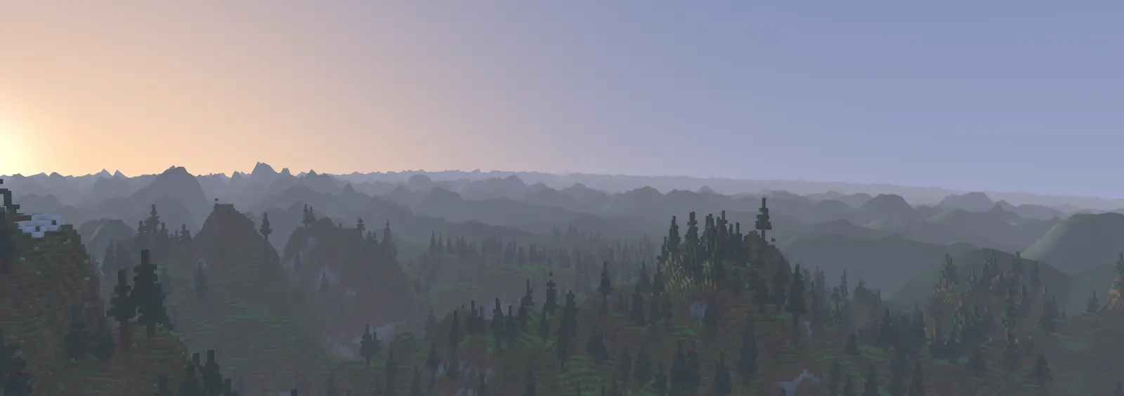 Dusk over a coniferous forest, the sun low on the left, hill after hill fading into the distance